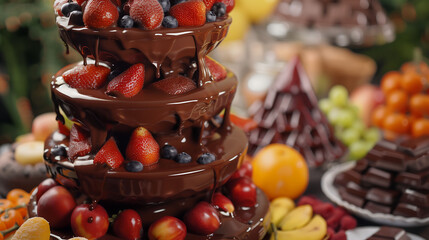 A decadent chocolate fountain cascading over a variety of fruits and pastries in a luxurious display