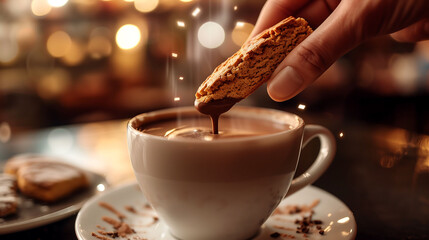 A hand dipping a crisp biscotti into a steaming cup of velvety hot chocolate, creating ripples of flavor