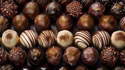 Delicate chocolate truffles arranged in a symmetrical pattern, each one adorned with a unique topping or design