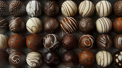 Delicate chocolate truffles arranged in a symmetrical pattern, each one adorned with a unique topping or design