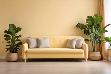 modern living room with yellow sofa and plants