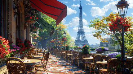 Outdoor café terrace with Eiffel Tower view on a sunny day in Paris