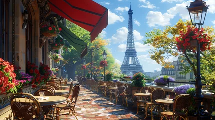 Fototapete Paris Outdoor café terrace with Eiffel Tower view on a sunny day in Paris  © ARM