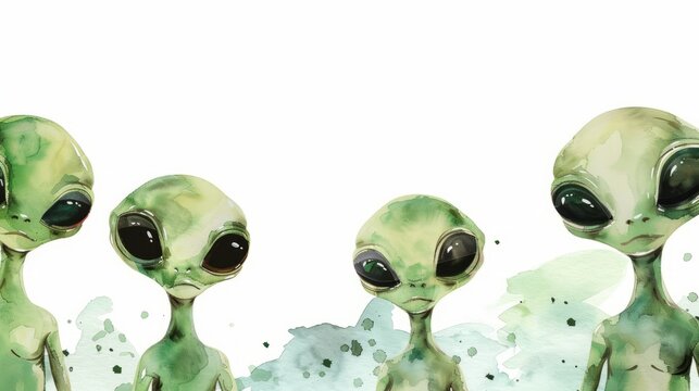 A watercolor illustration of a group of green aliens standing in front of a white background, copy space