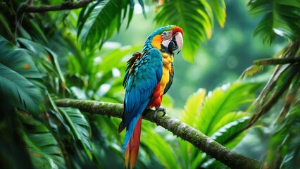 Portrait of colorful macaw in forest backround