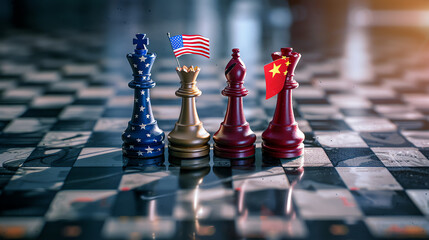 Naklejka premium Chess pieces representing the USA and China on a checkered board during a strategic game