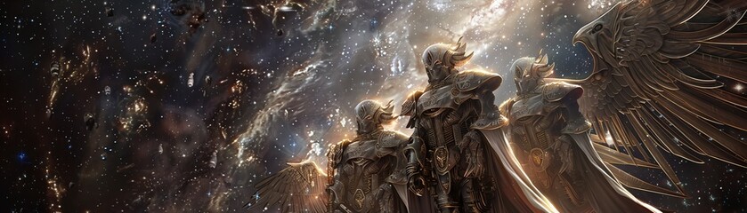 Celestial Guardians, Starlight Armor, Protectors of ancient knowledge, defending a sacred library on a distant asteroid Photography, Rembrandt lighting, Vignette effect