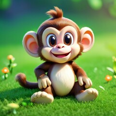 Cute baby monkey sitting on the grass