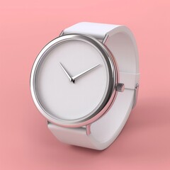 A 3D sleek, minimalistic wristwatch in silver, against a pastel pink background., AI Generative