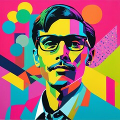 Pop art of portrait man in glasses with bold colors