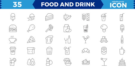 Food and Drink Line Editable Icons set. pixel Perfect in thin line style of nutrition related icons: vegetables, fruits, desserts, meat, baked goods, drinks, and more. Isolated on white.