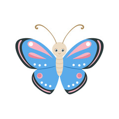 Cute cartoon blue butterfly, isolated. Vector funny smiling character. Flat simple style. Children's illustration.