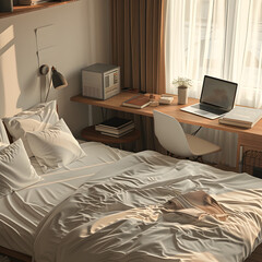 A bed with white sheets and a work desk next to the bed.