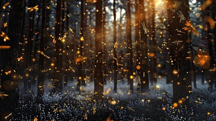 Naklejka premium Bioluminescent insects flying around a central copy space in the woods