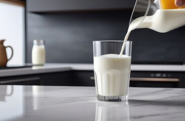 Milk in a glass and a bottle stands on the table in a modern kitchen