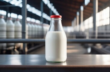A bottle of milk stands against the background of a dairy factory, milk production industry