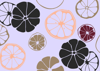 Stylized illustration of citrus fruit slices in white on a bold, bright red background, featuring varying sizes and shapes scattered across the image.