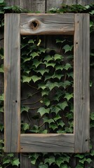 A reclaimed wood frame with natural weathering and knots, set against a wall covered in green ivy, merging natural elements with human craftsmanship. 32k, full ultra HD, high resolution