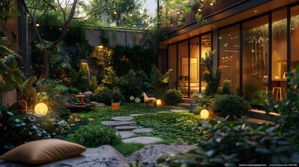 Fototapeta premium Cozy and Inviting Sunset Courtyard with Playful Pets and Lush Greenery