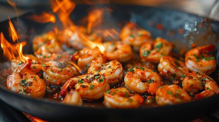 Shrimps cooking in a pan with flames and spices creating a mouthwatering culinary scene