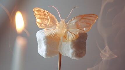 A marshmallow is shaped like a butterfly and is sitting on a stick. The image has a warm and cozy...