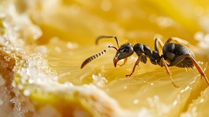 A black and yellow ant is on a yellow surface