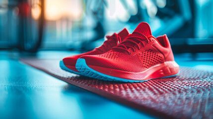 A pair of high-performance athletic sneakers in bold red, resting on a rubber mat in a brightly lit...