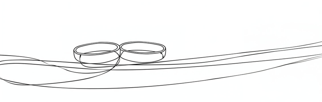 deux alliances entrelac&eacute;es avec des lignes fluides pour symboliser l'union fond blanc espace n&eacute;gatif dessin au trait continu