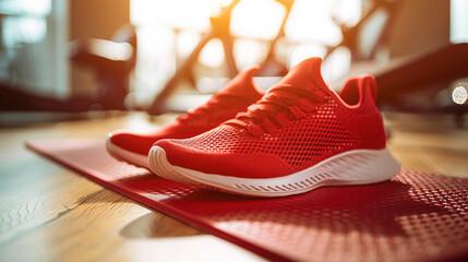 high-performance athletic sneakers in bold red, resting on a rubber mat in a brightly lit fitness...