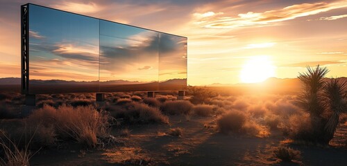 A reflective blank billboard in the desert, its surface mirroring the vast, arid landscape and the...