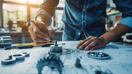 A Close-up view of engineers and technicians designing and engineering mechanical parts. Industrial engine factory, blueprints, bearing measurement, calipers, tools, industrial background.