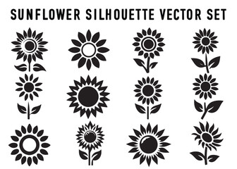 Flowers silhouette set. isolated black silhouette of a sunflower collection, Vector illustrator.