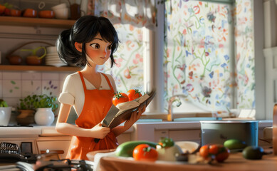 Jeune femme préparant le repas pour une famille dans sa cuisine. Elle tient un livre de recette, un gros couteau et 2 tomates rouges. Ingrédients et casseroles autour d'elle