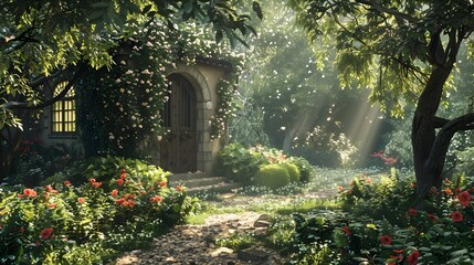 Fototapeta premium Serene Garden Path Enveloped in Warm,Dappled Sunlight and Lush Greenery