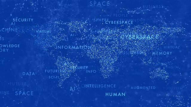 Digital world map with concept technology word cloud animation background.