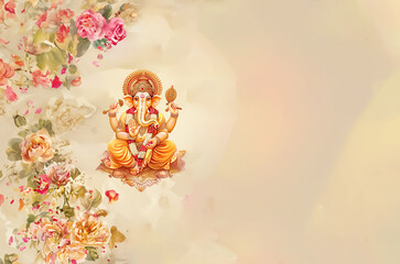 Statue du dieu hindou indien Lord Ganesh, avec des fleurs pour Ganesh Chathurthi sur fond crème et clair avec espace négatif copyspace. Trompe du Dieu éléphant sur la gauche 