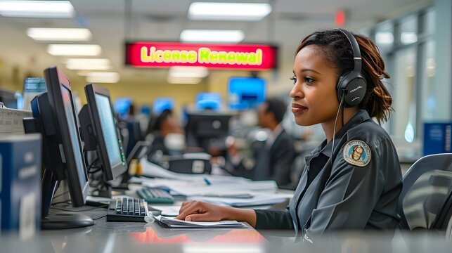 Government License Renewal Officer Assisting Customer at DMV Counter