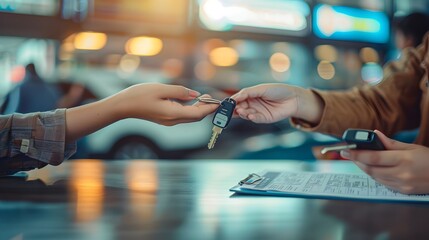 Rental Car Agent Handing Over Keys to Customer at Bright Rental Counter with Agreements and Holders