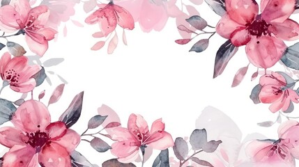 Watercolor illustration of a pink floral frame on a white background, copy space