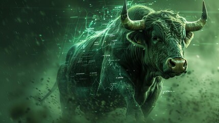A bull glowing with green energy dashes forward, its path lit by upwardtrending financial charts, symbolizing prosperity and growth, Energetic Market, Luminous green, Photo collage