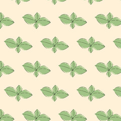 Y2K background. Retro seamless pattern 00s style. Green leaves on beige yellow background. Vector illustration