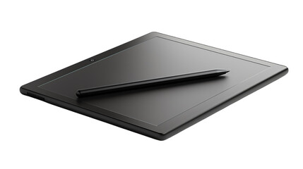 Black graphic tablet with stylus isolated on transparent background