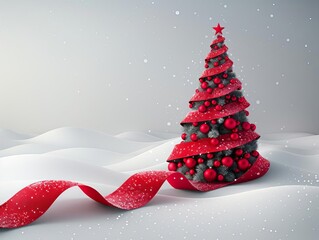 Clean white backdrop with a delicate red ribbon curled into the shape of a Christmas tree, effective for elegant holiday promotions