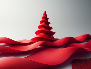 Clean white backdrop with a delicate red ribbon curled into the shape of a Christmas tree, effective for elegant holiday promotions