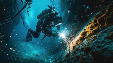 Underwater welders working at Sparks turn on lights on the seabed to repair submerged structures. Underwater welding by professional divers