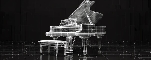 A black and white wireframe image of a grand piano on a reflective surface.