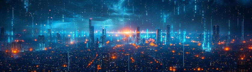 Fototapeta premium Digital landscape of AI technology, showcasing a city run by artificial intelligence with glowing blue lights, Futuristic cityscape, Dark blue palette,