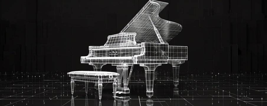 A black and white wireframe image of a grand piano on a reflective surface.