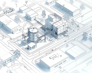 Create a detailed line drawing of a factory complex