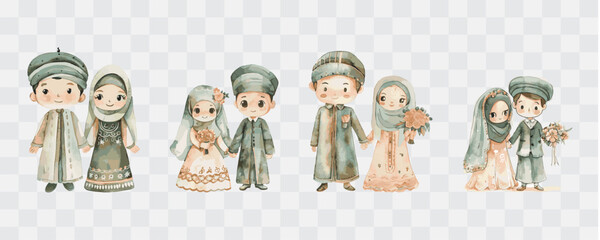 Cute muslim wedding couple watercolor isolated graphic transparent